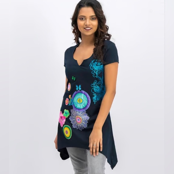 Desigual Y2K Sharkbite Hem Graphic Print Embellished Tunic Top Navy EU S US XS - Picture 1 of 11